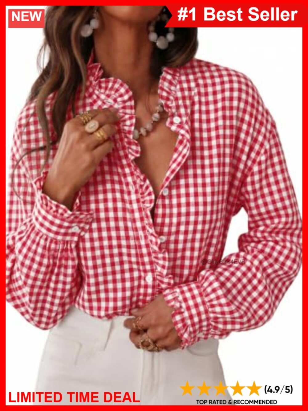 Plaid Gingham Ruffle V-Neck Button Down Long Sleeve Cotton Blouse Top